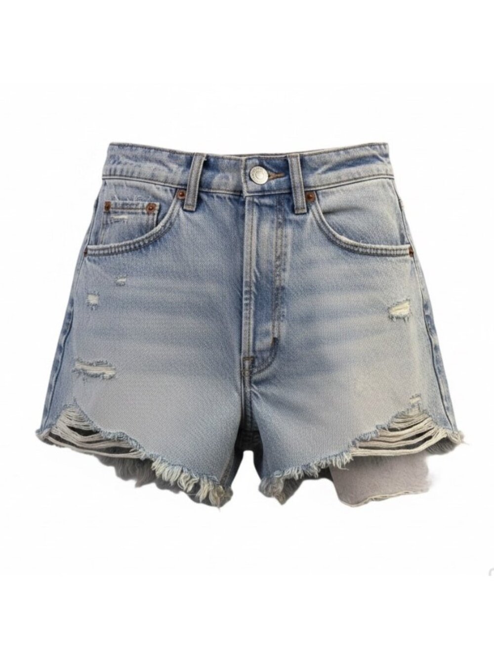Zara Womens Light Blue Cotton High Rise Distressed Denim Shorts Casual Size 0